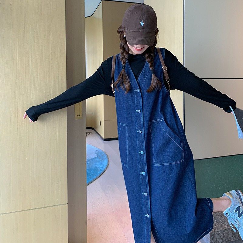 Áo Váy Jean Sát Nách Dài Dáng Dài Nút Cài Cá Tính. Đầm Jean Dáng Rộng Phong Cách Hàn Quốc