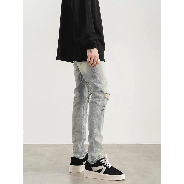 Quần Jean Xanh Skinny Cao Cấp Rách Gối Bụi Bặm Co Giãn