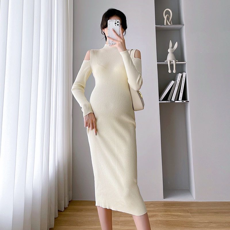 Đầm Dệt Kim Trễ Vai Thời Trang Cho Mẹ Bầu