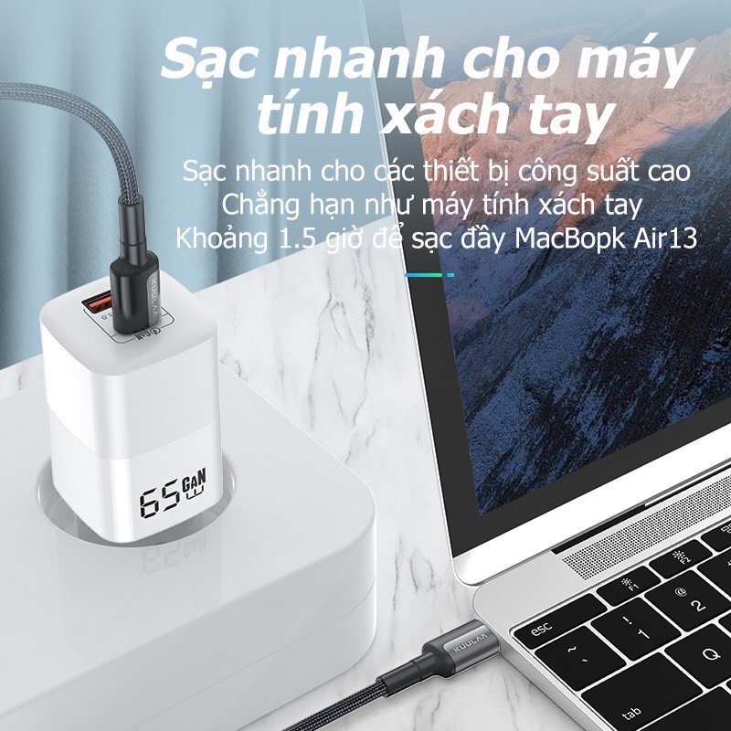 Củ Sạc Nhanh Kuulaa GaN 65W - Quick Charge 4.0, PowerDelivery 3.0 - USB-C Cho Macbook, IPhone, Samsung - Hàng Chính Hãng