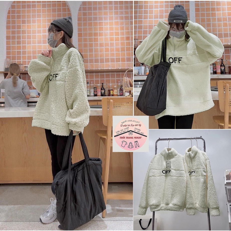 áo sweater zip nữ vải lông off cổ cao dáng thụng chữ thêu Freesize form dưới 65kg
