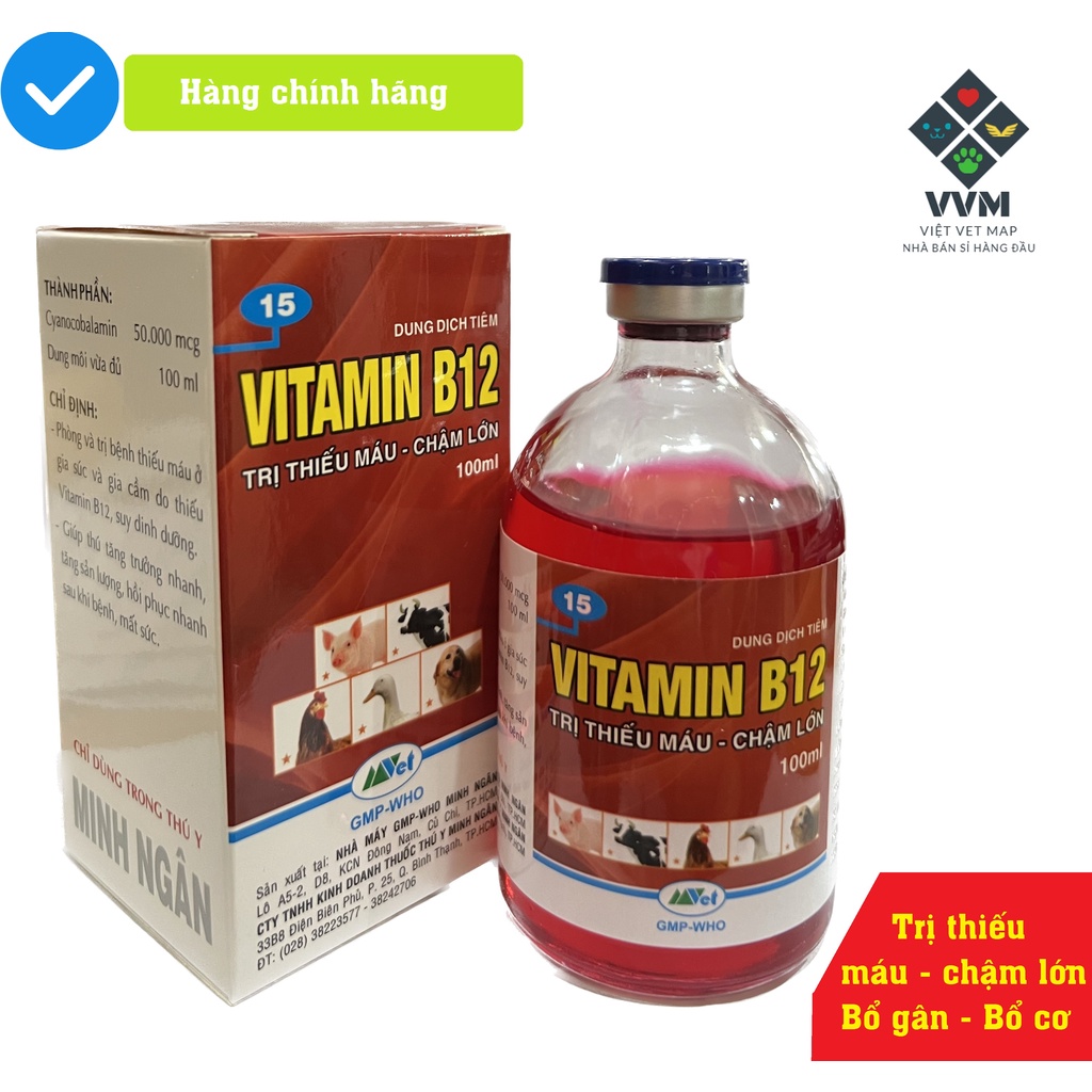 Ngừa thiếu máu, chậm lớn, suy dinh dưỡng gia súc gia cầm [MN vitamin B12 100ml]