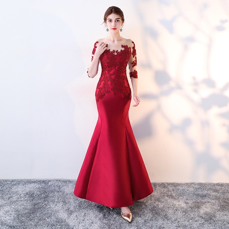 CB01_Váy Cưới, Váy Cô Dâu, Váy Chào Bàn, Đầm Dạ Hội Dự Tiệc Sang Trọng Đuôi Cá Kết Hoa Phối Lưới (Hàng Đặt Trước)