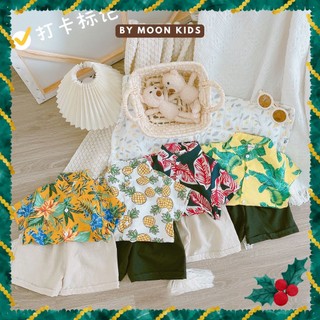 Bộ đi biển bé trai chất đũi cổ trụ in hoa lá mặc mùa hè cho bé trai Moon kids fashion