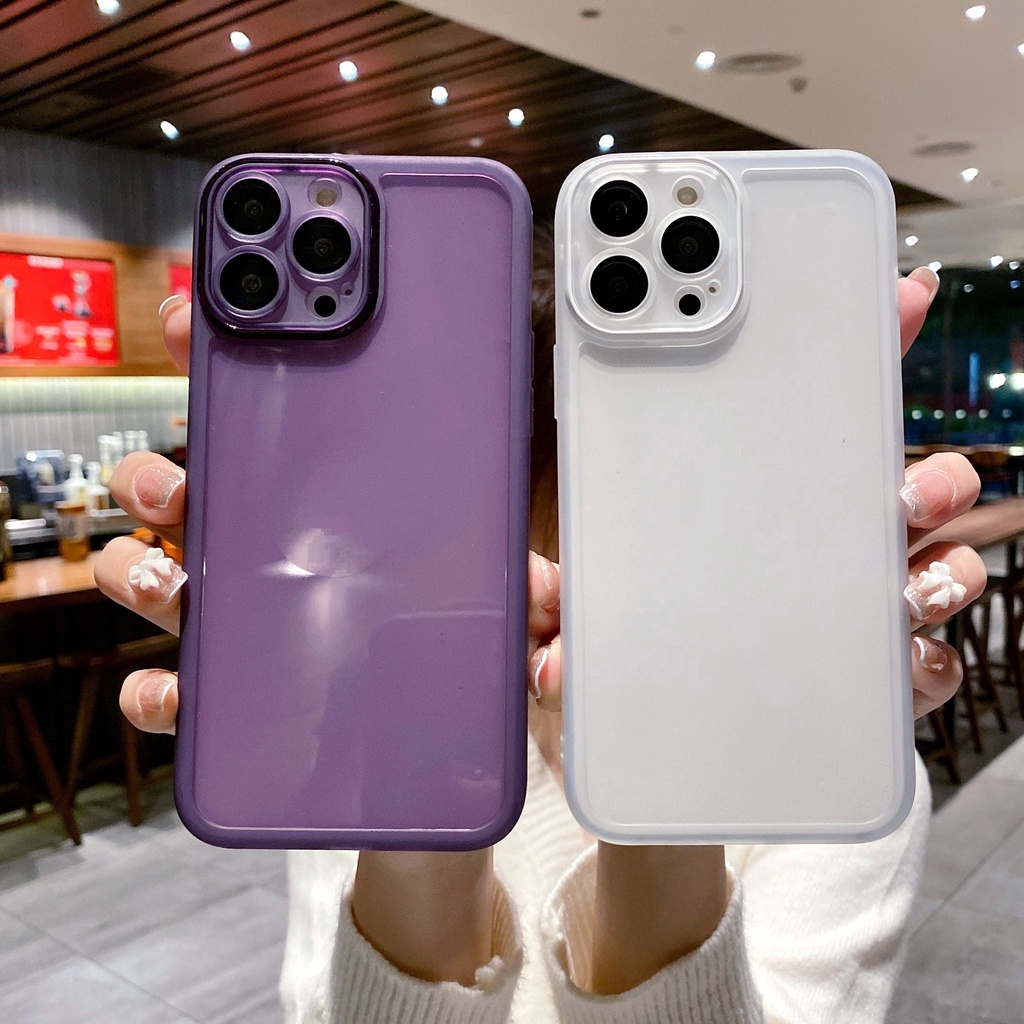 Ốp Điện Thoại PC Silicone Mềm Trong Suốt Màu Sắc Đơn Giản Bảo Vệ Ống Kính Máy Ảnh Cho iPhone 14 13 12 11 Pro Max 14Plus