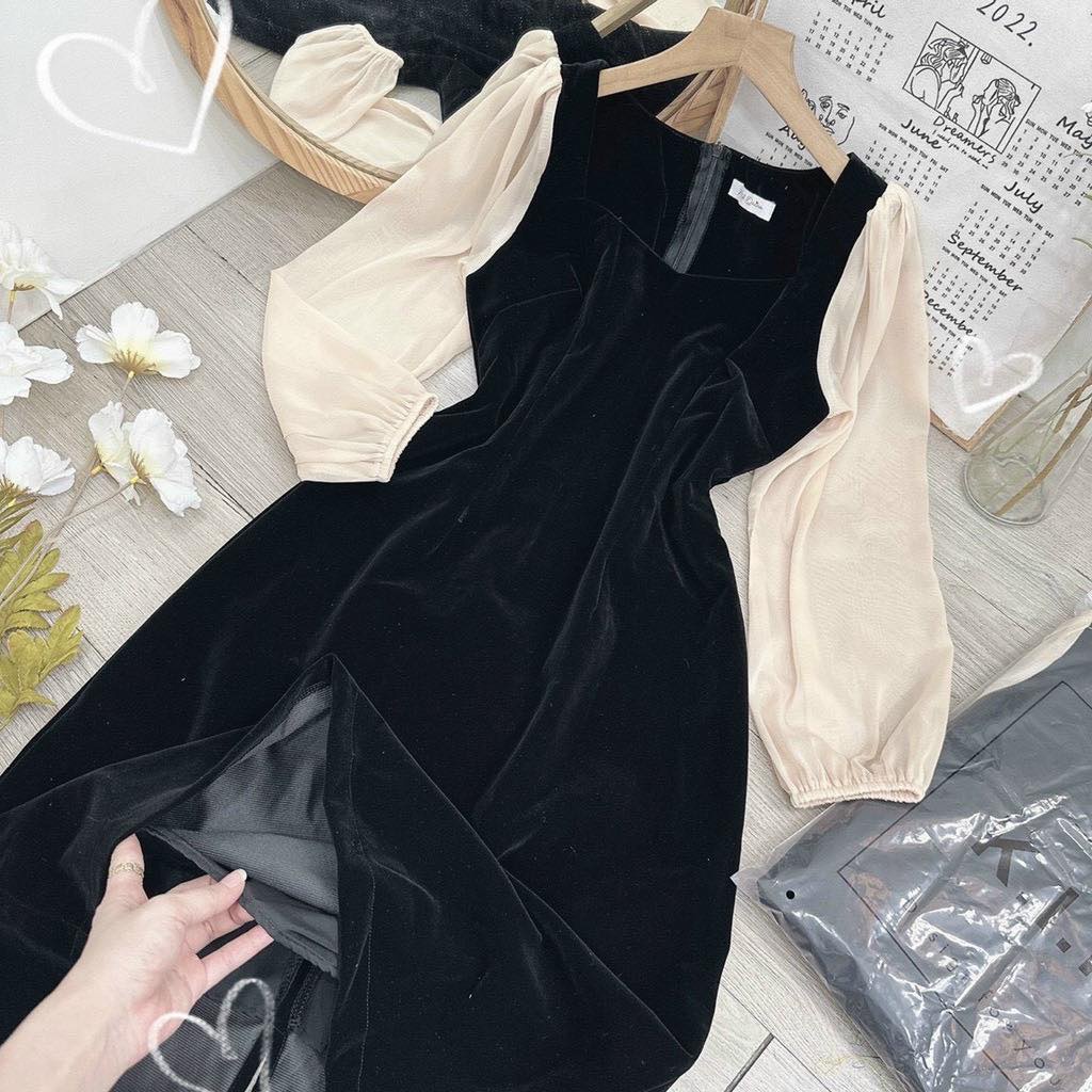 Đầm nhung đen tay voan nude