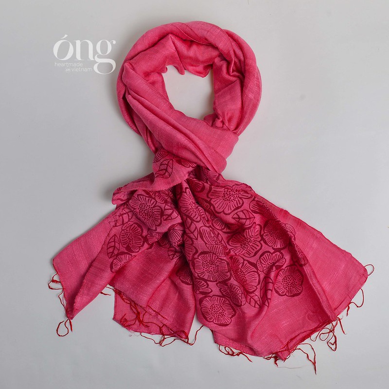 Khăn quàng cổ Nữ - in thủ công họa tiết bông hoa - Óng Silk