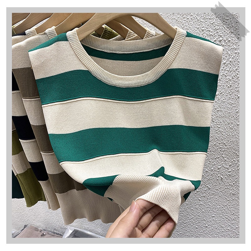 MELVILLE Áo thun sát nách dệt kim Cổ Tròn Kẻ Sọc Hàn Quốc 2023, Áo len 3 lỗ croptop Không Tay chất lượng cao cho nữ