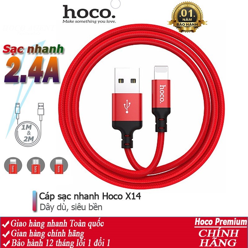 Cáp sạc nhanh Hoco X14 siêu bền, dây truyền tải dữ lệu dài 1m, 2m