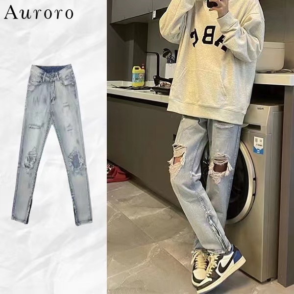 Quần jean nam rách gối oversize hiphop quần jean ôm unisex thời trang Quần bò nam rách gối simple quần jean nữ