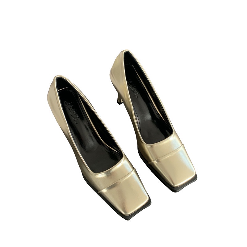 Trang Phục Hàn Quốc Cho Nhân Viên Shopkeeper!Giày Cao Gót Mũi Vuông Miệng Nông Màu Vàng Kim Phong Cách Pháp Dễ Phối Đồ Thời Trang Cho Nữ