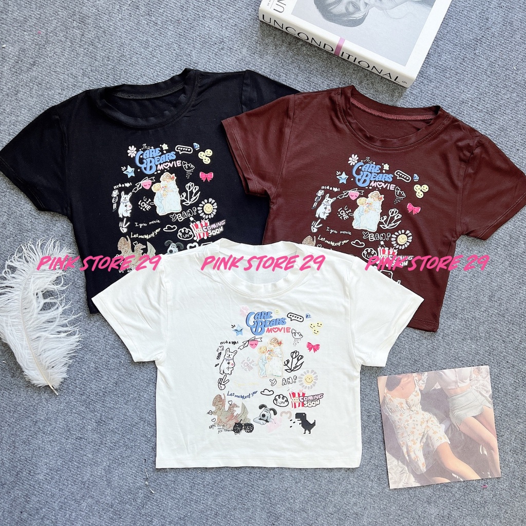Áo croptop tay ngắn PINKSTORE29 dáng ôm body, cô tròn in hình hoạ tiết CARE BEARS A5572