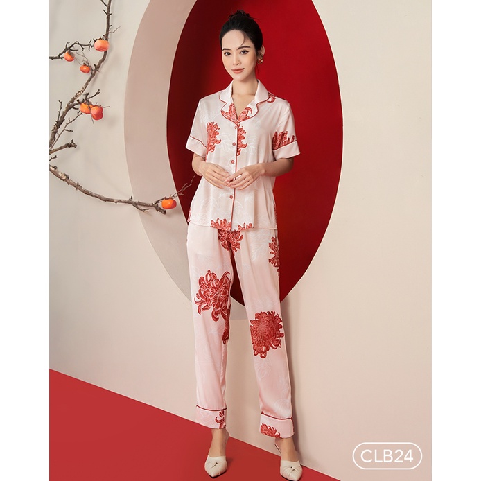 Bộ Pyjama satin ZAM Luxury - CLB24 - áo ngắn tay quần dài hoạ tiết