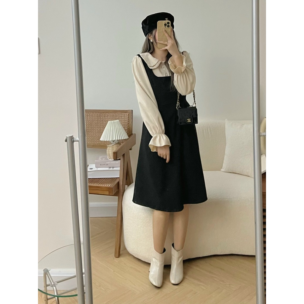 Đầm Cổ Bèo Tiểu Thư Tay Dài Nhung Thô Siêu Xinh Phong Cách Hàn Quốc Đ7121