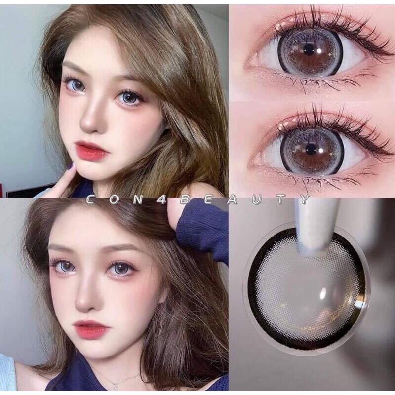 Lens mắt thời trang màu xám viền đen giãn tròng làm đôi mắt to tròn búp bê