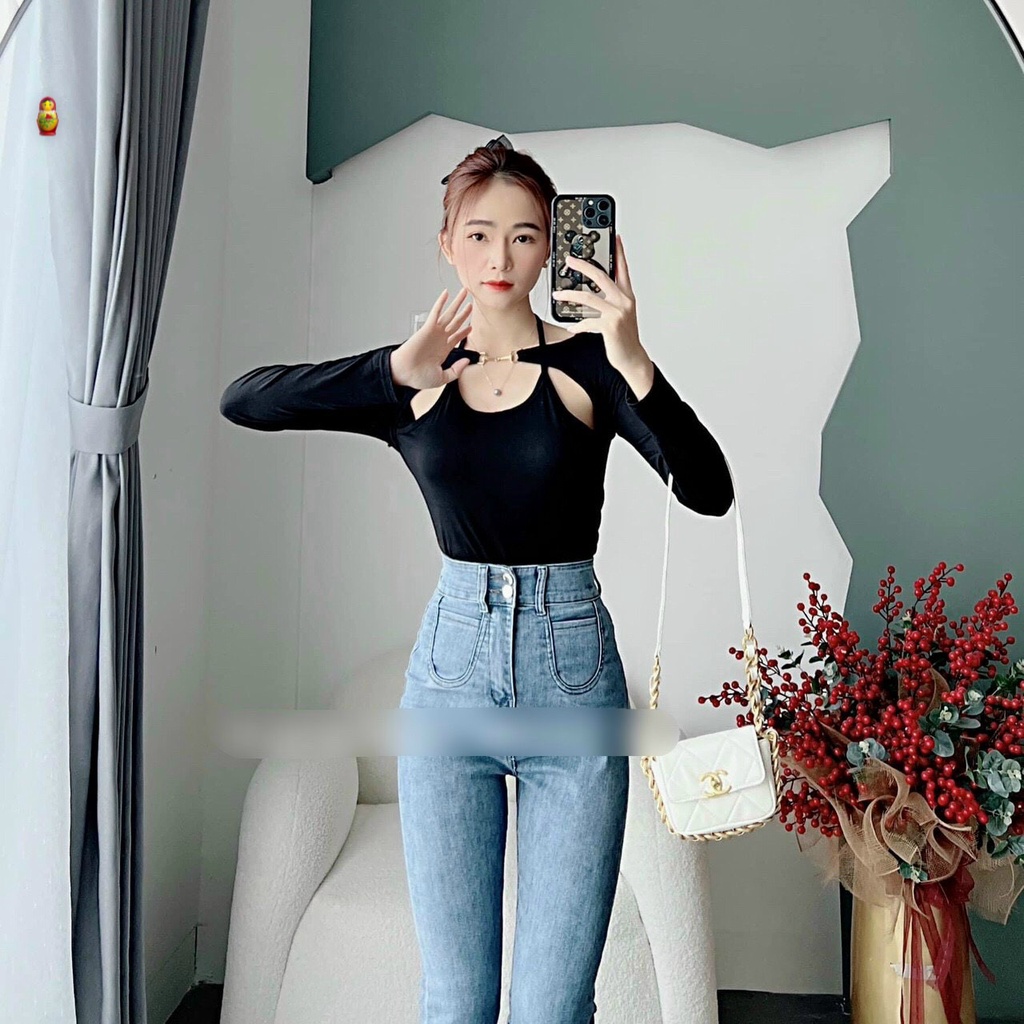 Áo kiểu tay dài phối kiểu cổ yếm 1 dây móc ngang ngực cực hot , chất thun gân dày dặn