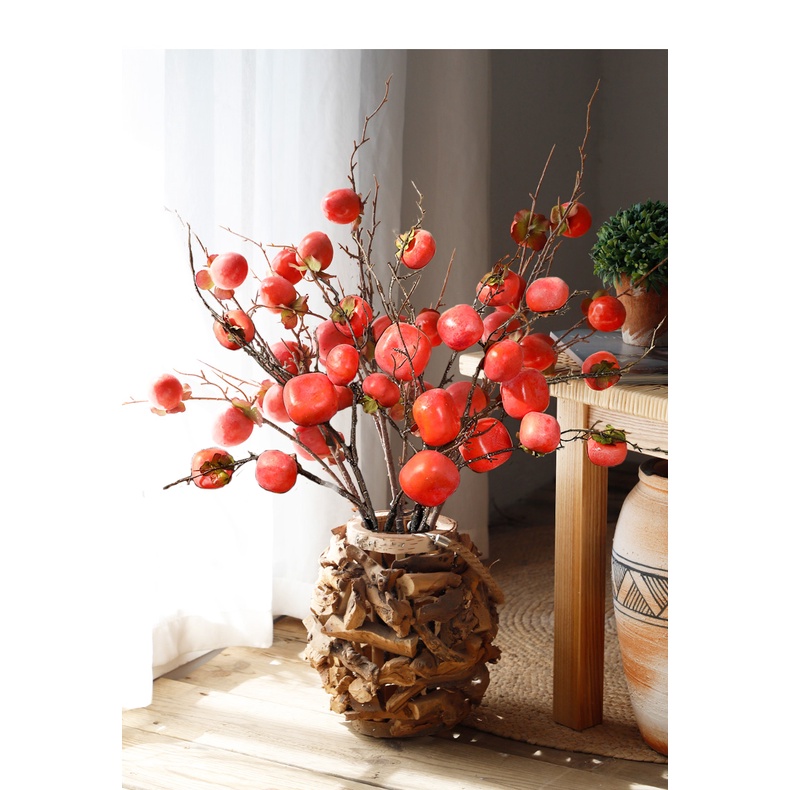 Cành quả hồng giả chất liệu cao cấp 6 quả màu sắc tự nhiên trang trí phòng ngủ phòng khách quán cafe nhà hàng