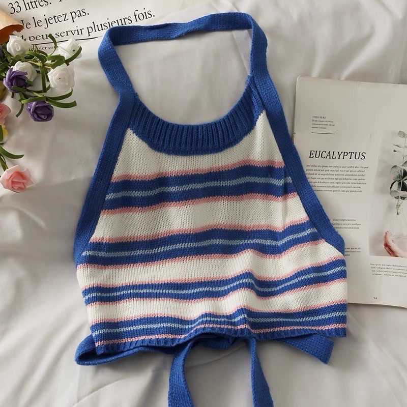 yếm len kẻ dệt kim buộc lưng (17788#)