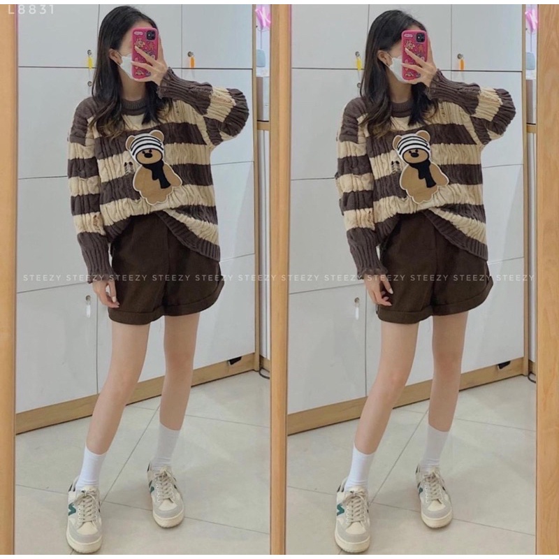 [Ảnh thật/Video] Áo len kẻ gấu cute form to rộnh Quảng Châu