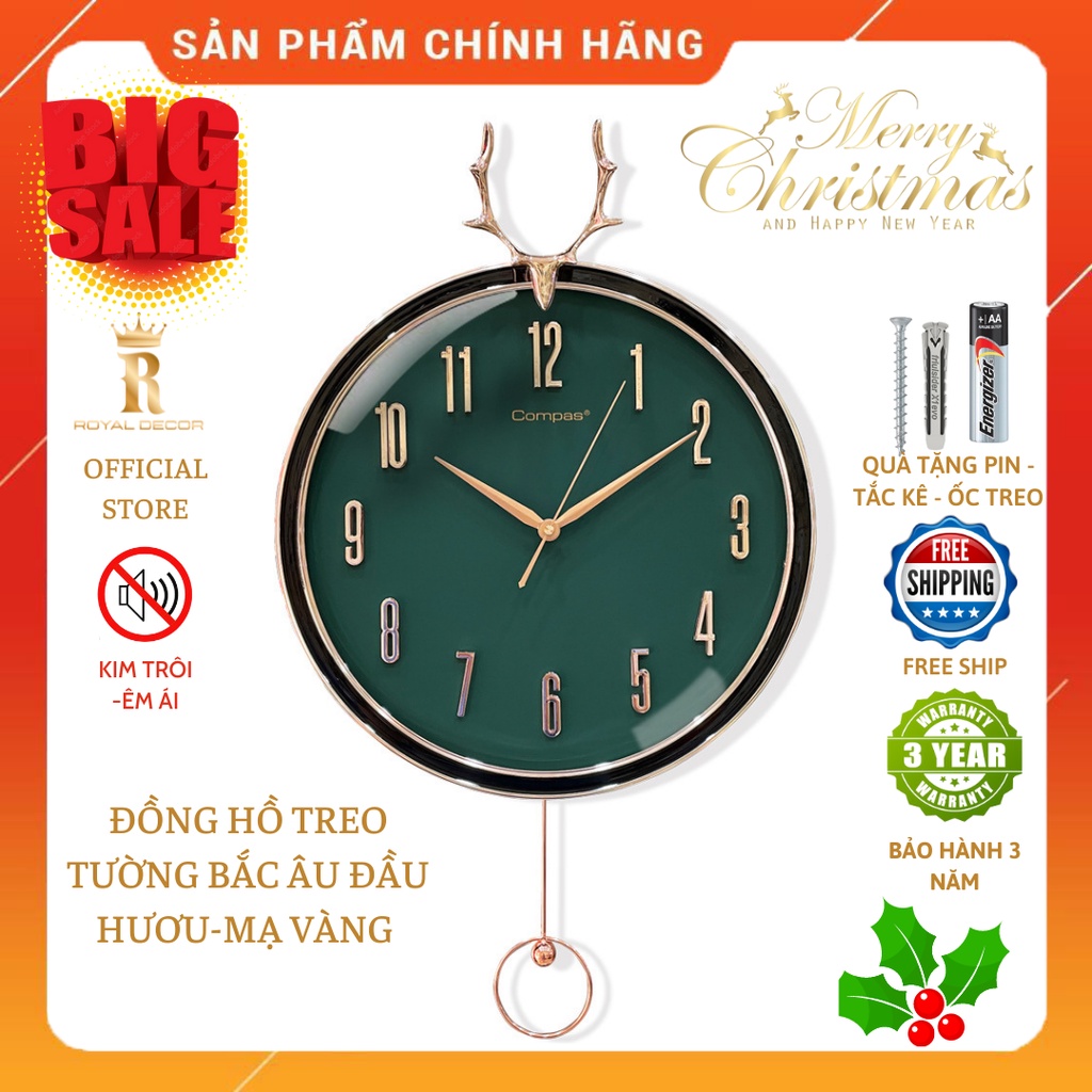 Đồng hồ treo tường Trang Trí Bắc Âu quả lắc ROYAL DECOR, Mẫu Đồng hồ đẹp đầu hươu may mắn mạ vàng