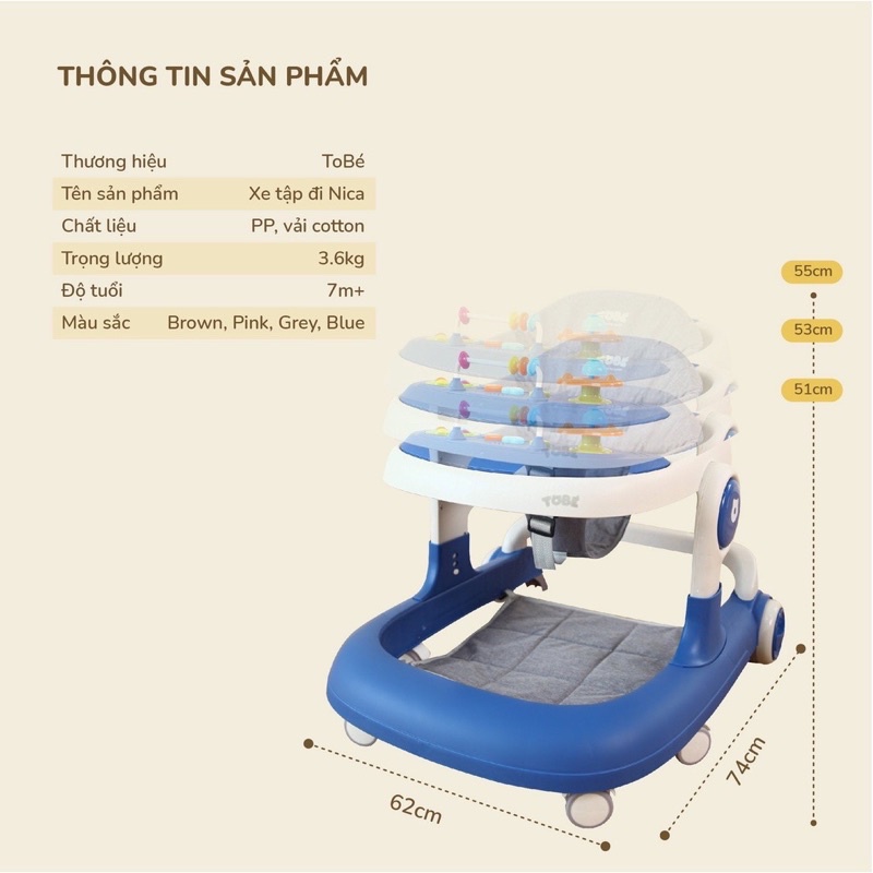 Xe tập đi tập đứng Nica ToBé 3 trong 1 có bàn ăn dặm kèm đồ chơi phát nhạc cho bé
