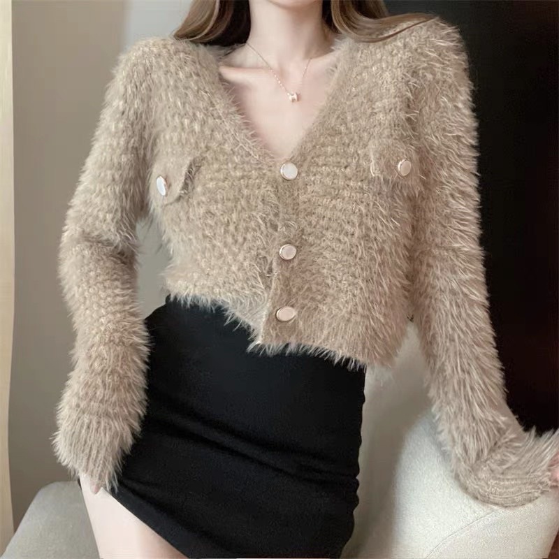 Áo len cardigan lông thỏ cúc bọc siêu sang chảnh