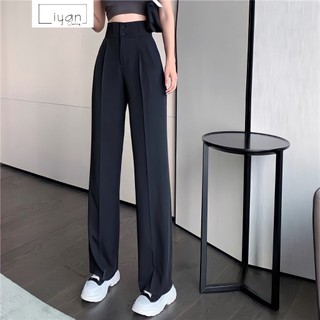 Quần Ống Rộng Liyan Lưng Cao 2 Khuy Vải Tuyết Mưa Dài 100cm Quần Ống Suông Nữ Quần Dài Tôn Dáng M218