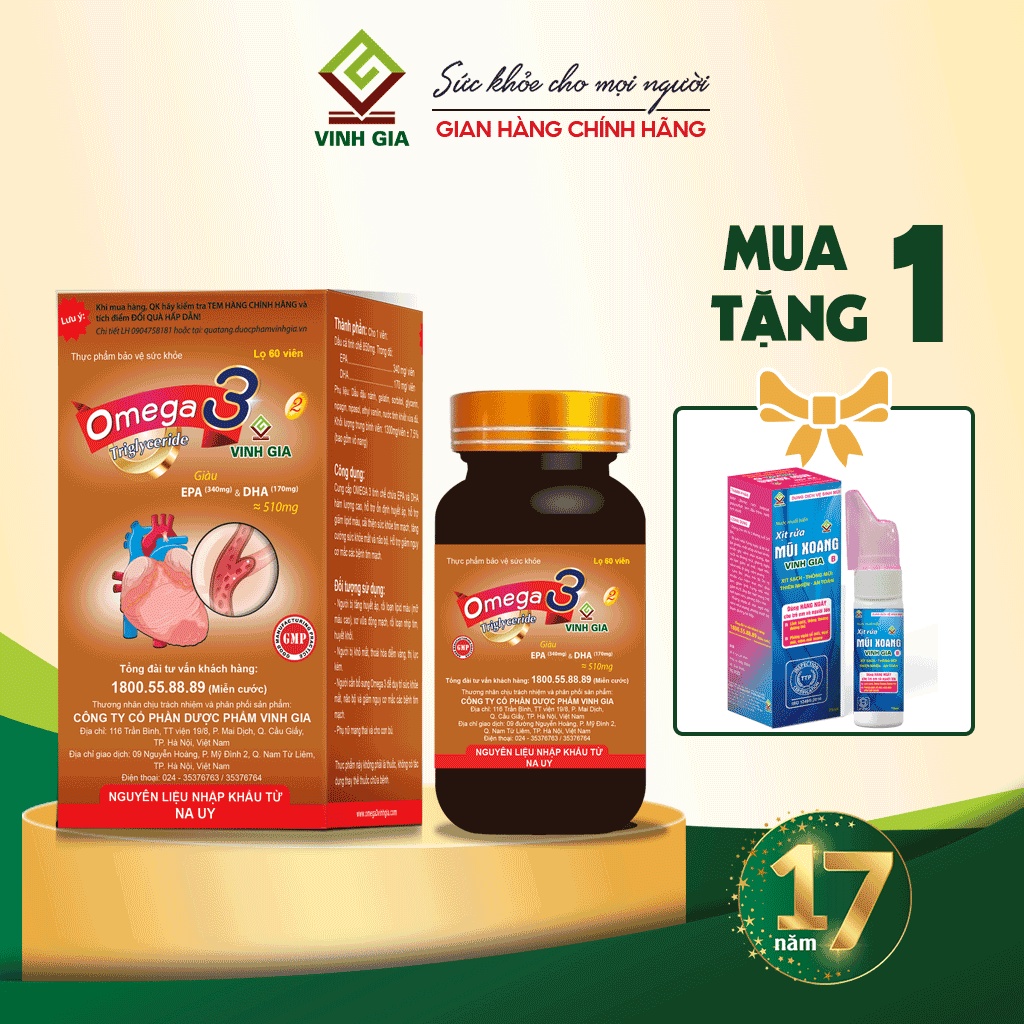 Viên Uống Hỗ Trợ Tim Mạch Omega 3 VINH GIA 2 Giàu EPA, DHA Tăng Cường Sức Khoẻ, An Toàn, Hiệu Quả Hộp 60 Viên 01O002