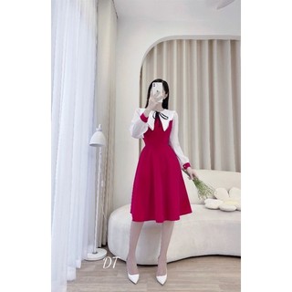 Váy xoè phối tay cổ lá