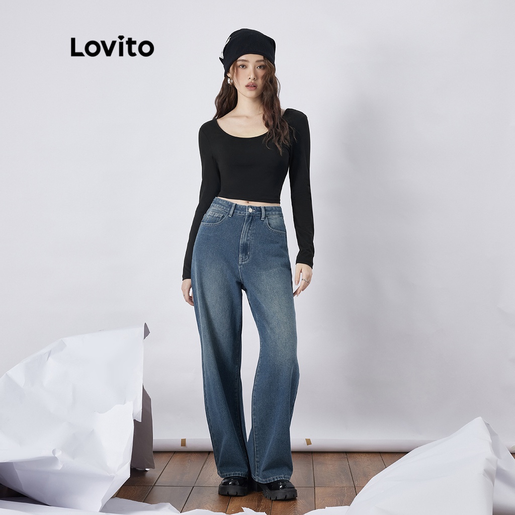 Lovito Áo sơ mi lớp nền trơn giản dị Áo sơ mi dài tay cạp cổ không lưng Crop Áo phông nữ chải L35AD005 (Đen)