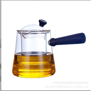 Ấm trà thủy tinh dày, ấm đun nước nấu kép tay cầm bằng gỗ, Ấm trà thủy tinh borosilicate cao kiểu Nhật Bản