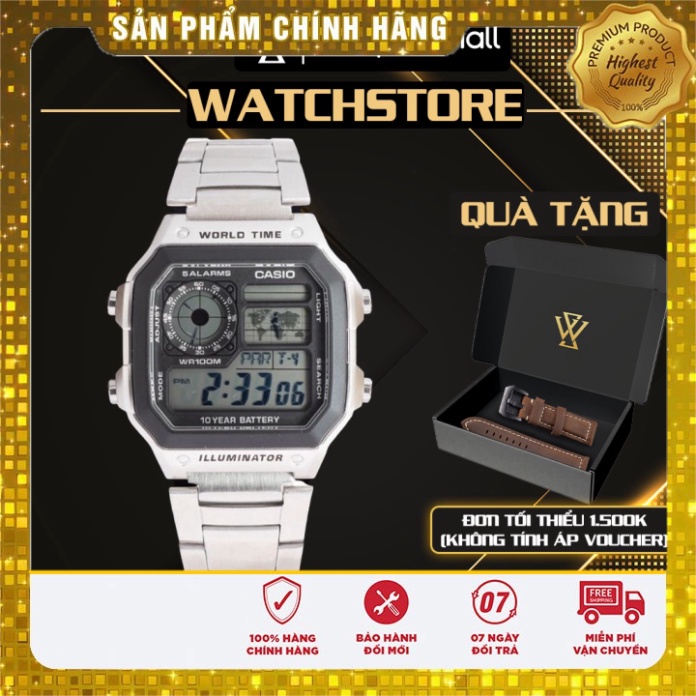 Đồng Hồ Điện Tử Nam Casio WATCHSTORE AE-1200WHD-1AVDF xây dựng Mặt Kính Nhựa 42mm, dây mang kim khí Kèm đèn LED chiếu sá