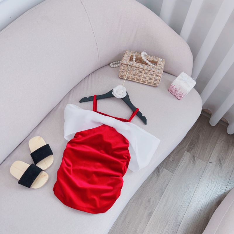 Váy nhung body 2 dây thiết kế nơ to điều đà sang chảnh bé gái