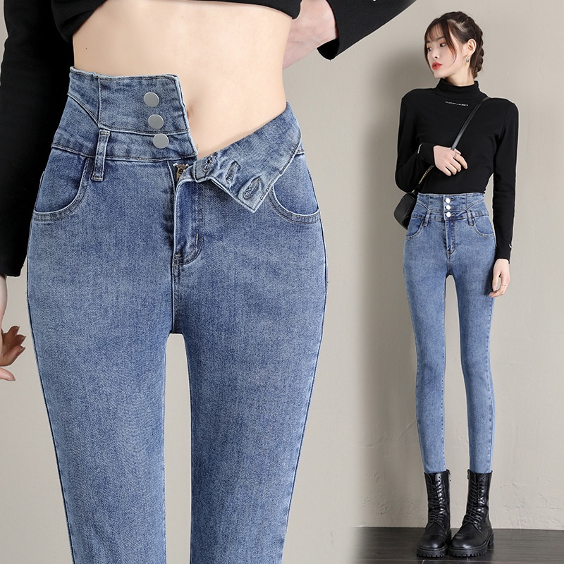 Quần Jean Dài Lưng Cao Dáng Ôm 3 Nút Thời Trang Cho Nữ