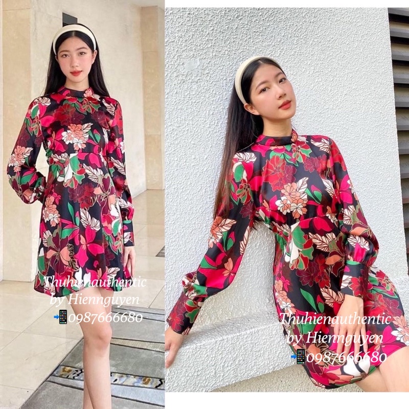 Váy lụa hoa lá đỏ dáng ngắn dài tay ZARA chính hãng (kèm ảnh thật)
