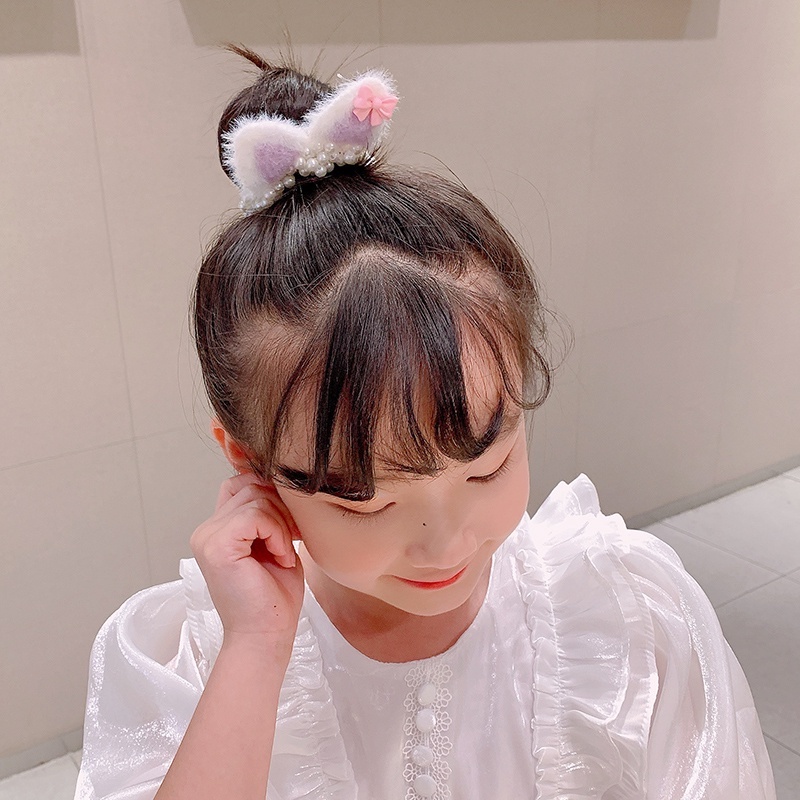 Dây Cột Tóc Hai Lớp Co Giãn Đính Tai Mèo Bông / Ngọc Trai Dễ Thương Cho Bé Gái