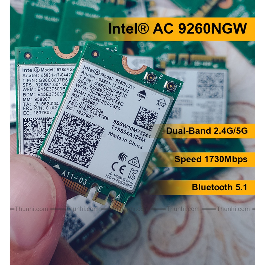 Wifi Card 2 bằng tần 2.4GHz/ 5GHz AC Intel 9260NGW speed 1730Mbps, card Bluetooth 5.1