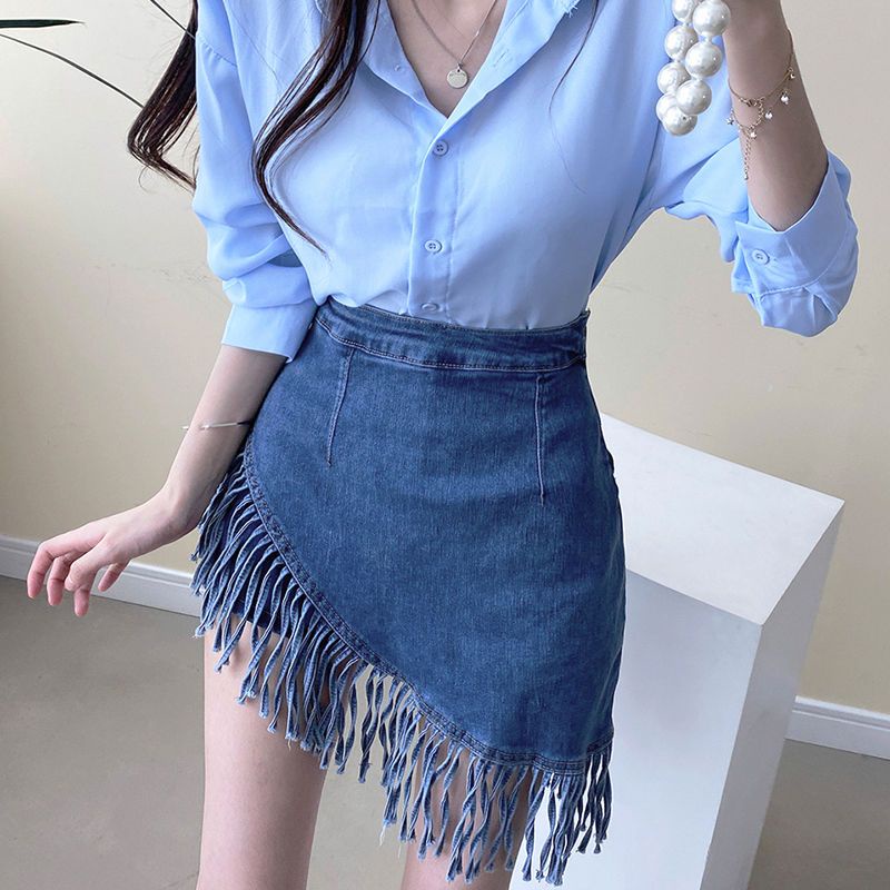 Jiashucheng Chân Váy Jean Tua Rua Lưng Cao Dáng Ôm Co Giãn Quyến Rũ Dễ Phối Đồ Phong Cách Retro Cho Nữ