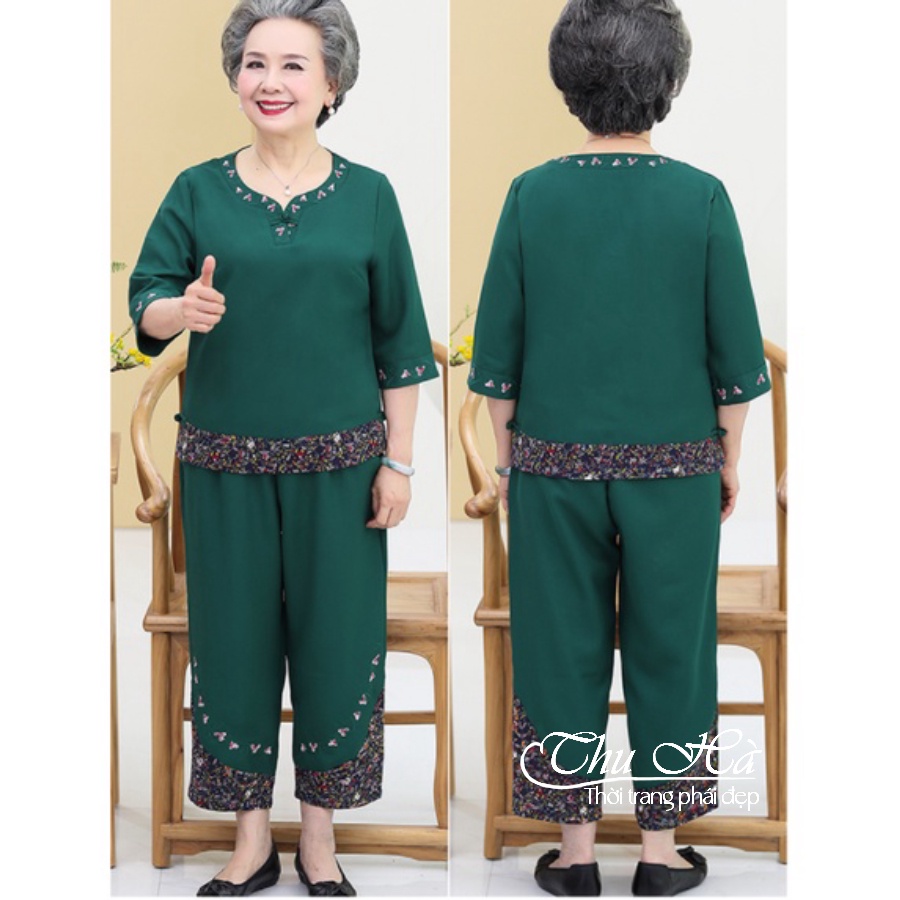 Đồ bộ trung niên nữ thêu hoa Thu Hà quần áo mặc nhà tặng bà tặng mẹ chất liệu co giãn form thoải mái ĐBH.21