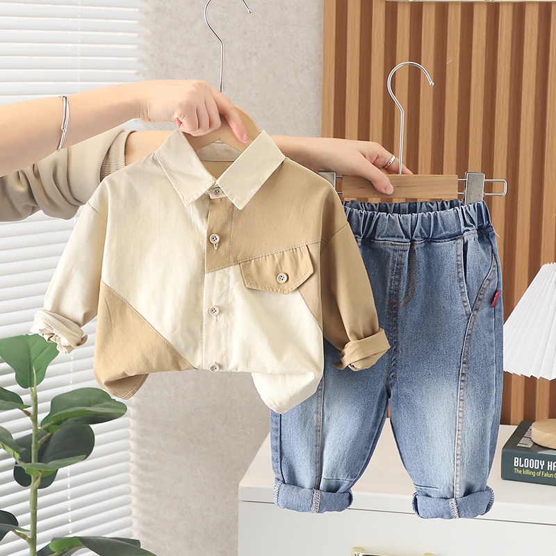 Bộ Áo Sơ Mi Tay Dài + Quần Denim Phong Cách Hàn Quốc Thời Trang Mới Cho Bé Trai Gái Kích Thước 80-120cm