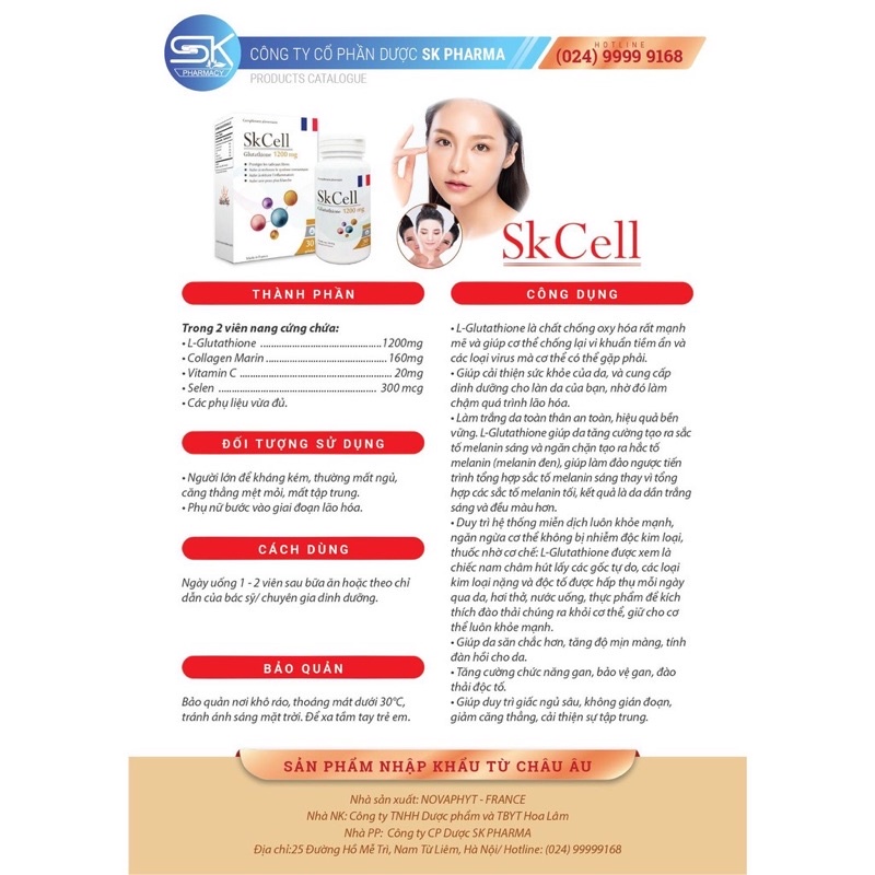 [CHÍNH HÃNG] viên uống trắng da pháp glutathion SK Cell plus hộp 30v BS AN
