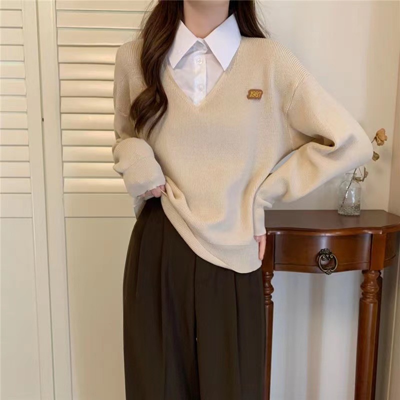 IELGY   IELGY   Áo sweater Dệt Kim Cổ polo Ghép Mảnh Vừa Vặn Dễ Phối Đồ Cho Nữ