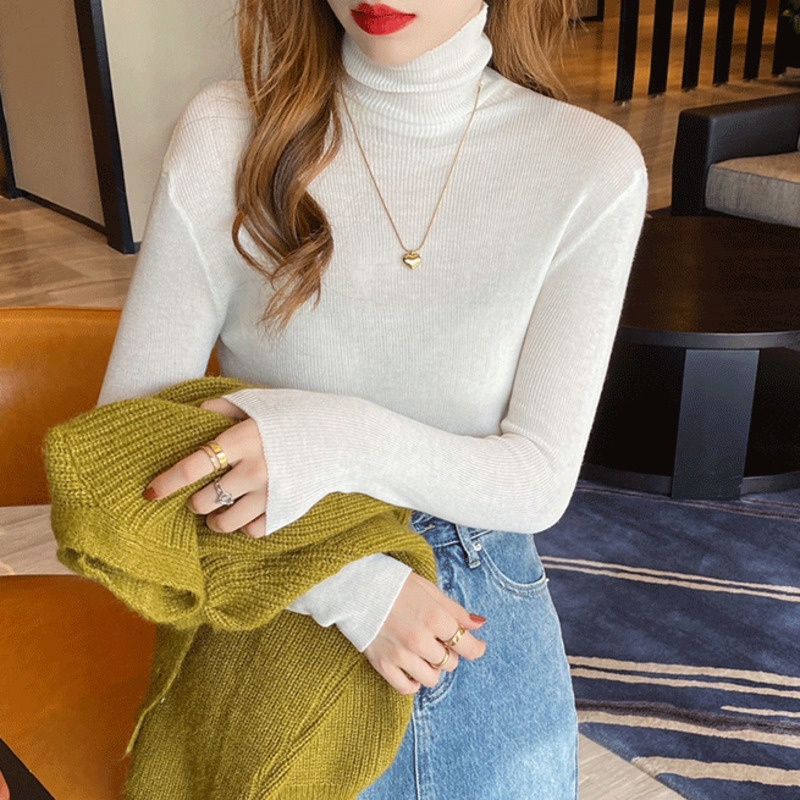 Áo Sweater Dệt Kim Tay Dài Cổ Lọ Màu Sắc Đơn Giản