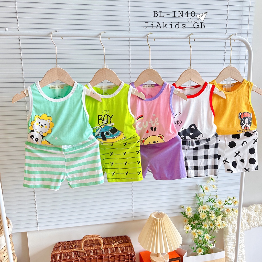 Bộ Ba Lỗ THUN LẠNH MINKY MOM In Hình Phối Quần Dễ Thương Cho Bé BL-IN40