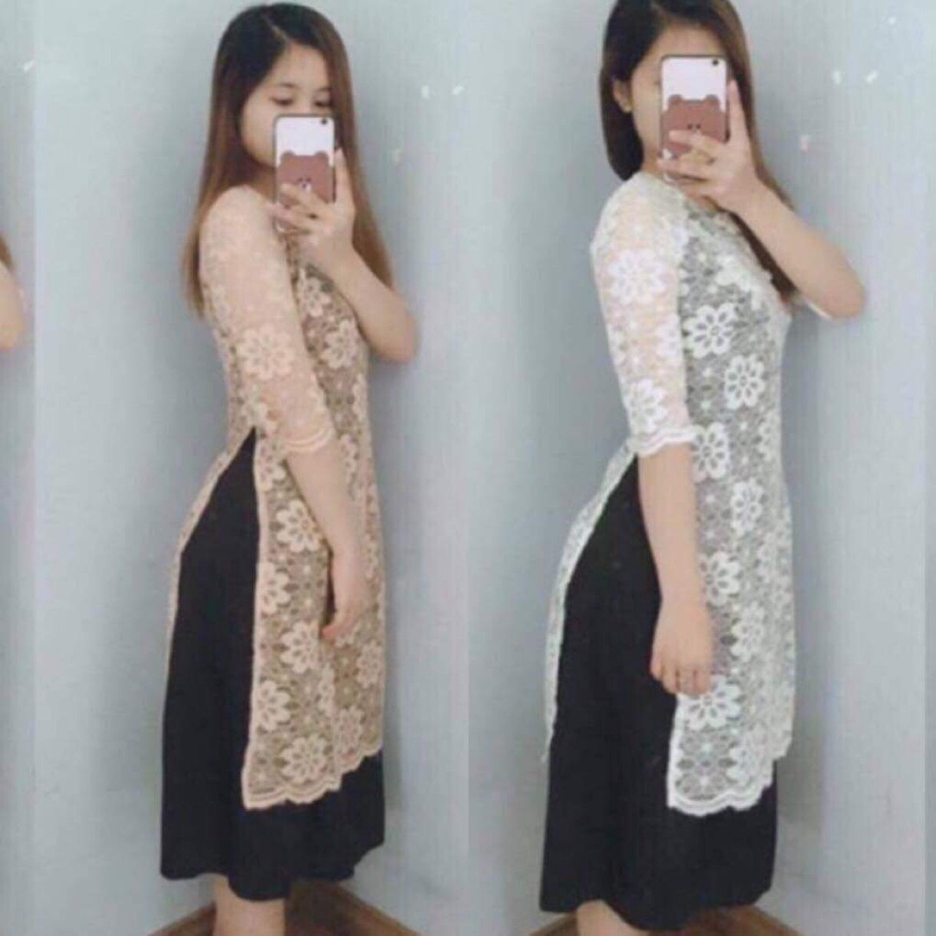 Áo dài cách tân chơi tết chơi xuân phối ren hoa AS181