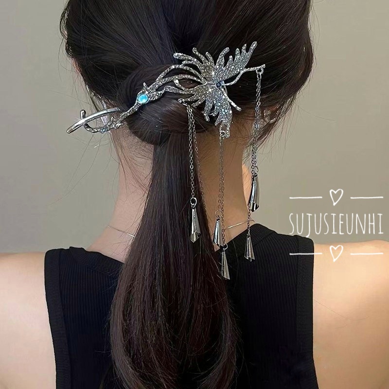 kẹp tóc hình bướm dạng xoắn đính đá nhân tạo cặp sau đầu có đính tua rua cho nữ