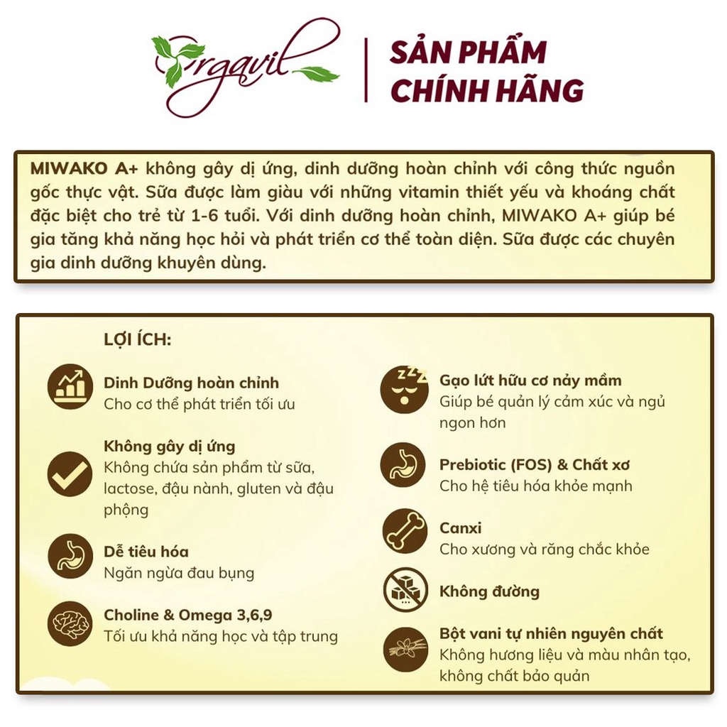 Sữa công thức Miwako A+ vị vani gói 30g - Sữa hạt Miwako bổ sung dinh dưỡng hoàn chỉnh, lành tính, dễ uống - Orgavil