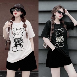 Bộ short thun cotton áo phom rộng thêu gấu