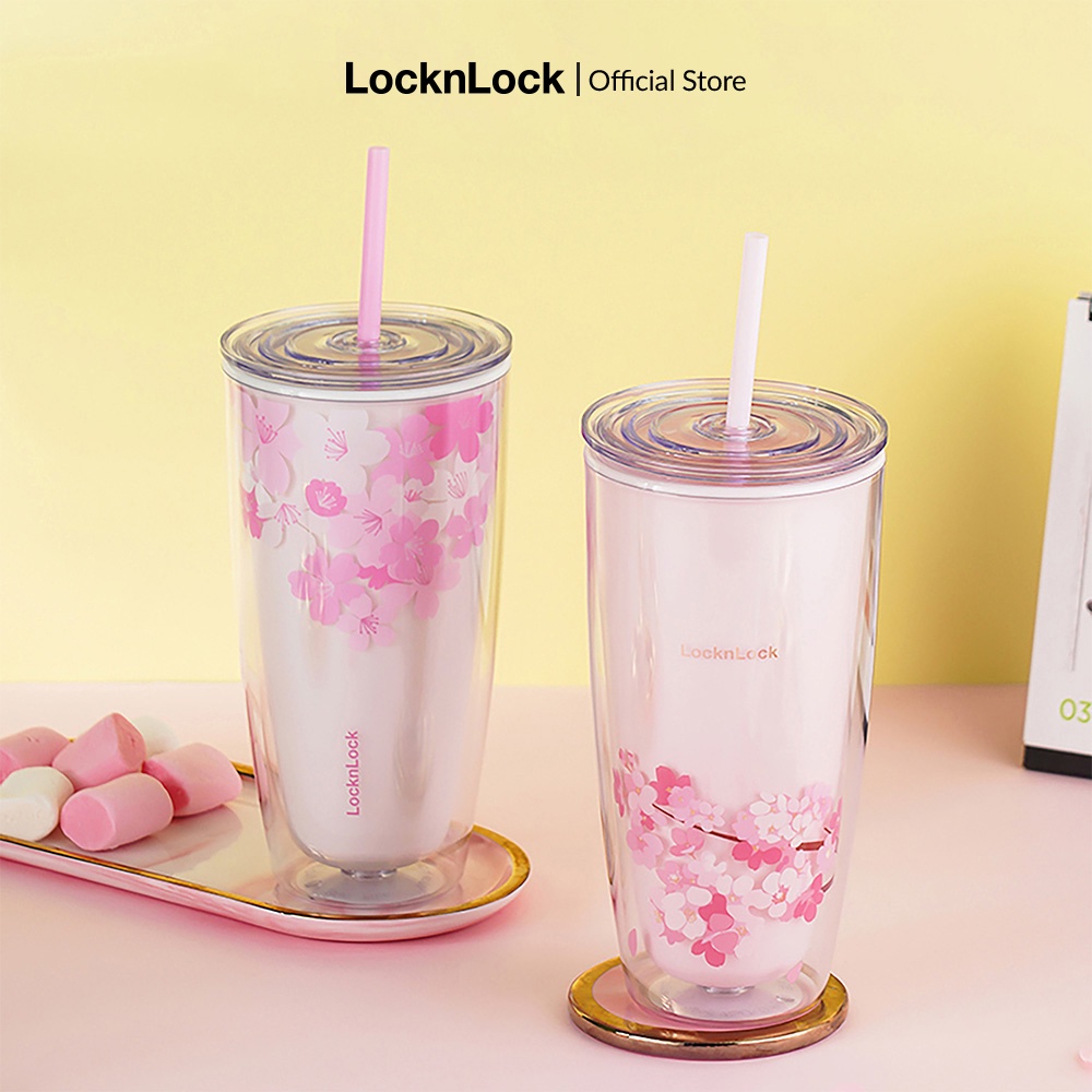 Ly nhựa 2 lớp Cherry Blossom kèm ống hút Lock&Lock 750ML - HAP509 (màu trắng và hồng)