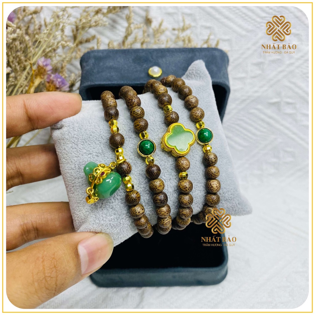 Vòng Tay Trầm Hương 108 Hạt - Mix Cỏ 4 lá, Đá Xanh và Hồ Lô - Nhất Bảo Phong Thủy